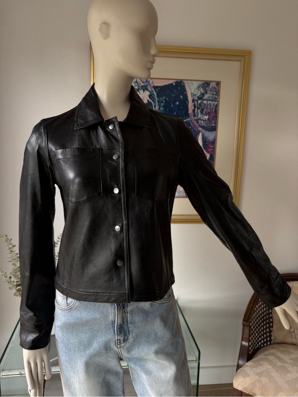 Black Leather Button-Front Jacket